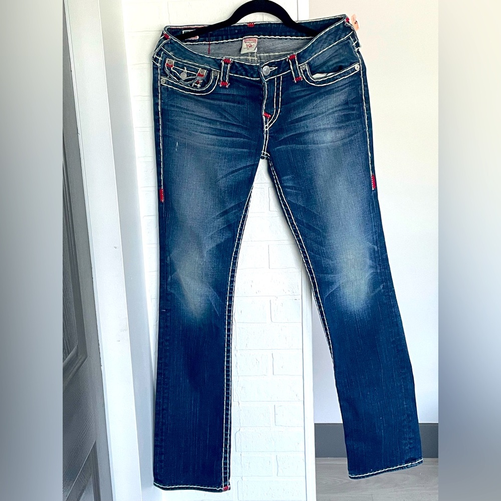 True Religion Billy Super T jeans stitching Dark Wash Jeans for Women 30x34